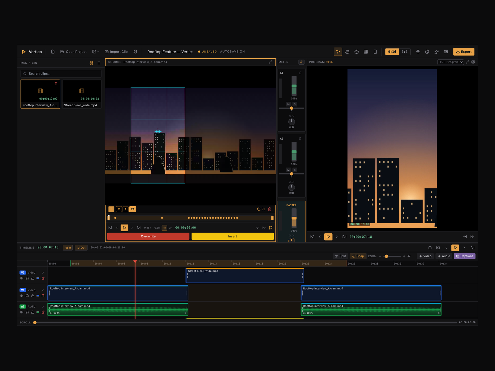 Vertico desktop editor — source, program, timeline